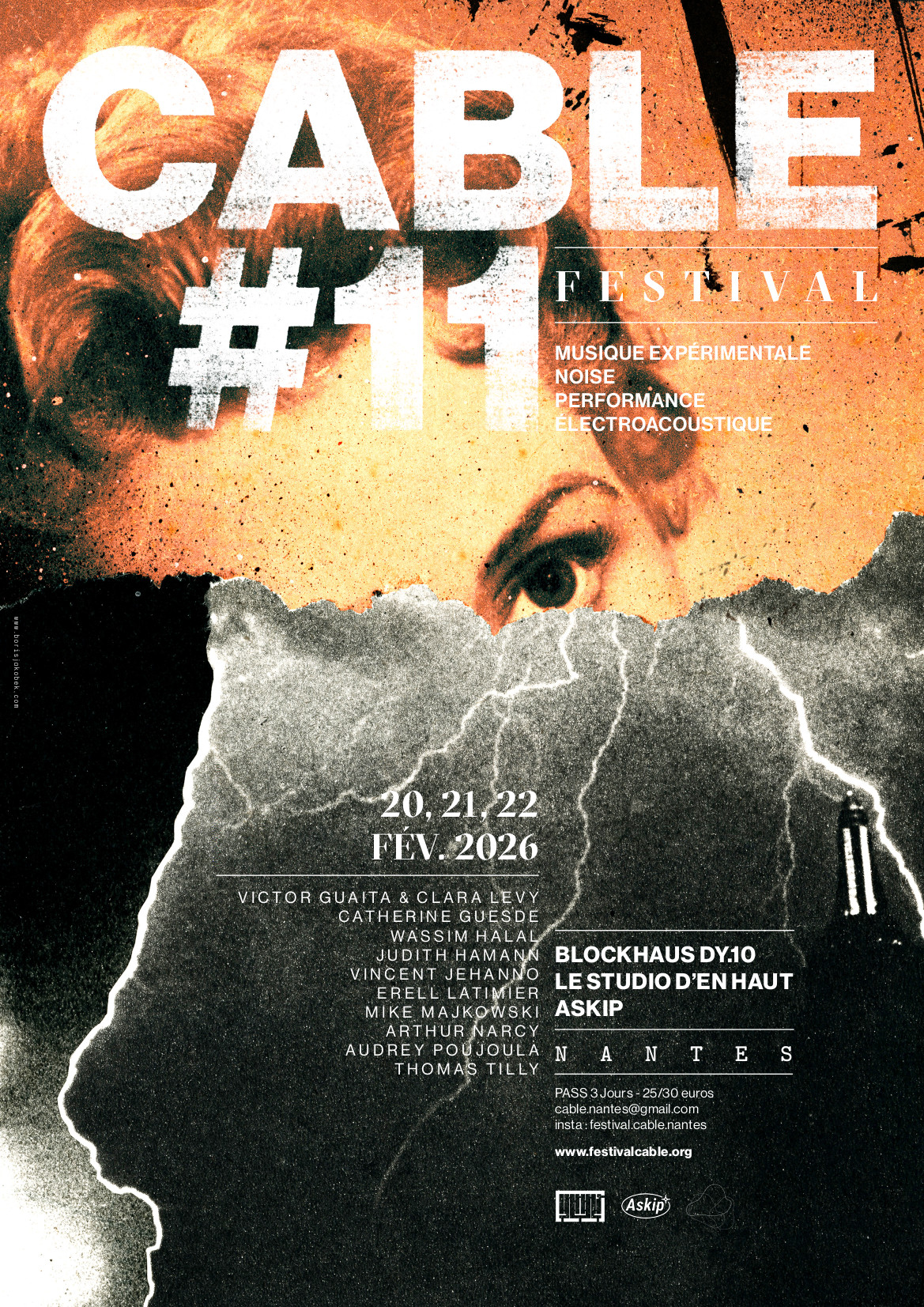 Poster du festival Cable#11, un collage avec le haut du visage d'une femme et des éclairs